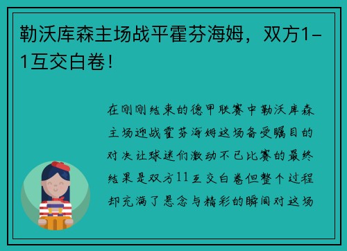 勒沃库森主场战平霍芬海姆，双方1-1互交白卷！